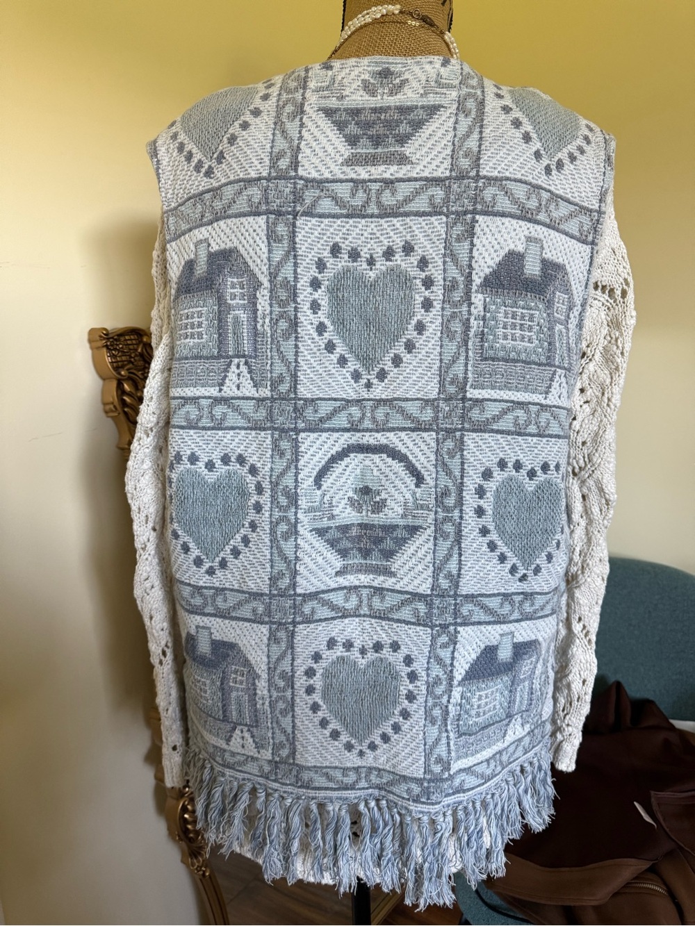 Gray Heart & Cottage Pattern Fringe Upcycled vest